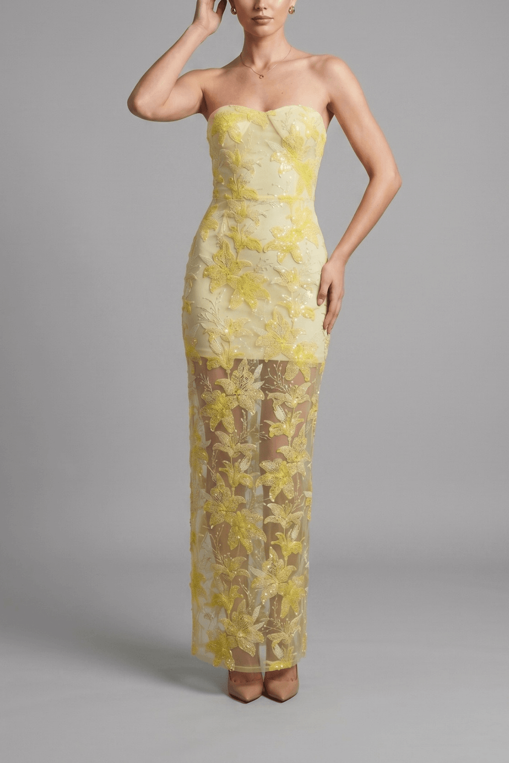 Yellow Strapless Floral Sequin Mesh Dress Avalabel