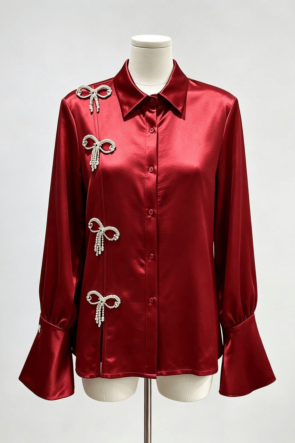 Daphne Rhinestone Bow Satin Long Sleeve Shirt Avalabel