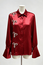 Daphne Rhinestone Bow Satin Long Sleeve Shirt Avalabel