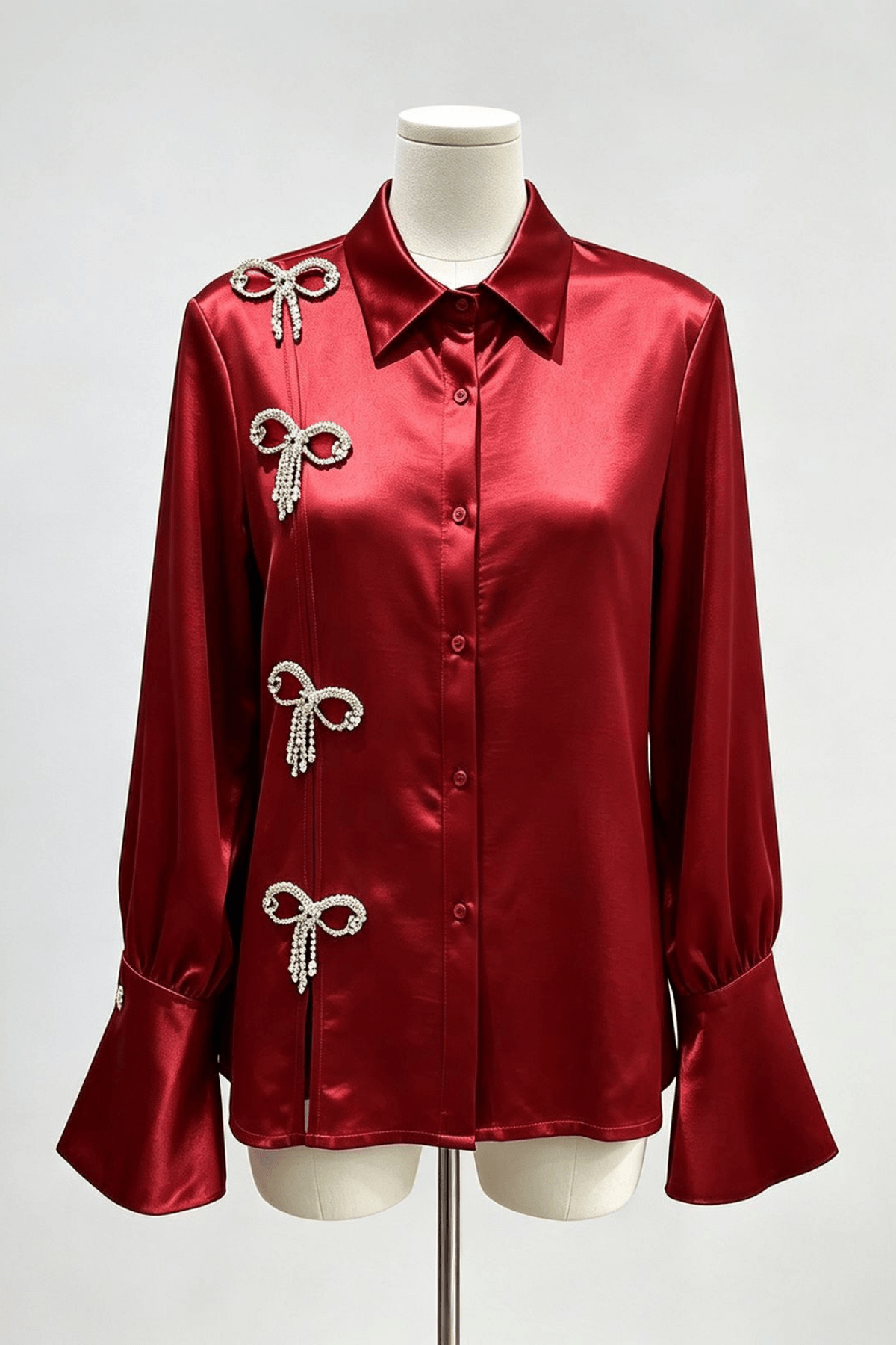 Daphne Rhinestone Bow Satin Long Sleeve Shirt Avalabel