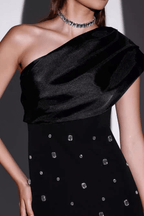 Novia Black One‑Shoulder Satin Rhinestone Dress Avalabel