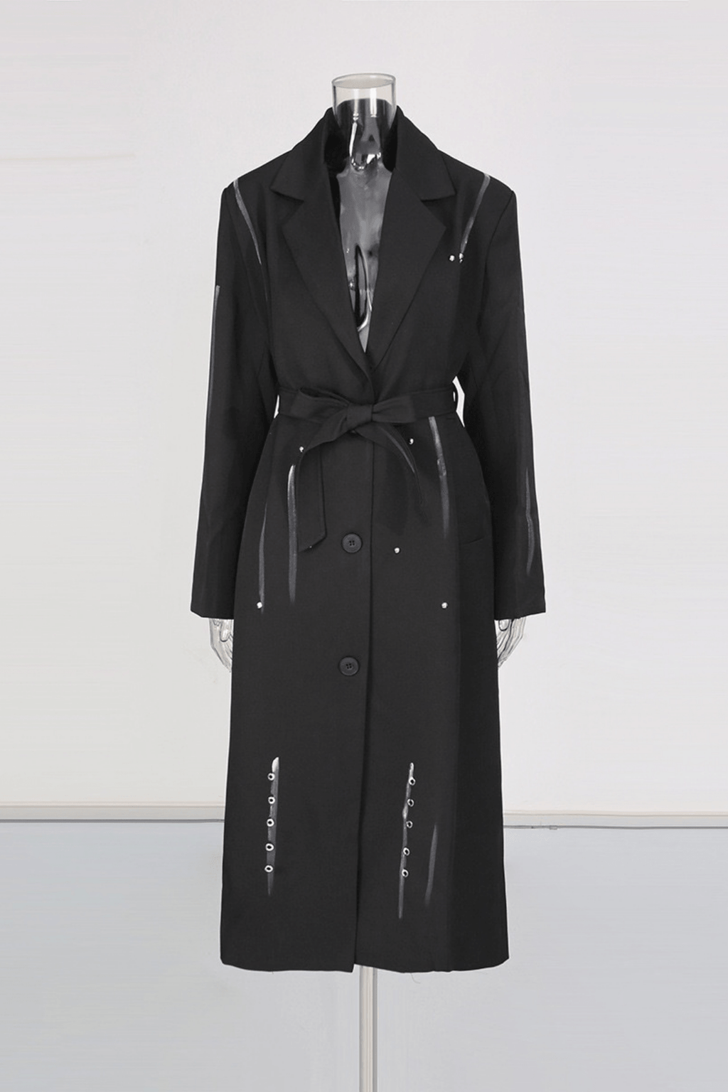 Asya Black Studded Strap Detail Long Coat Avalabel
