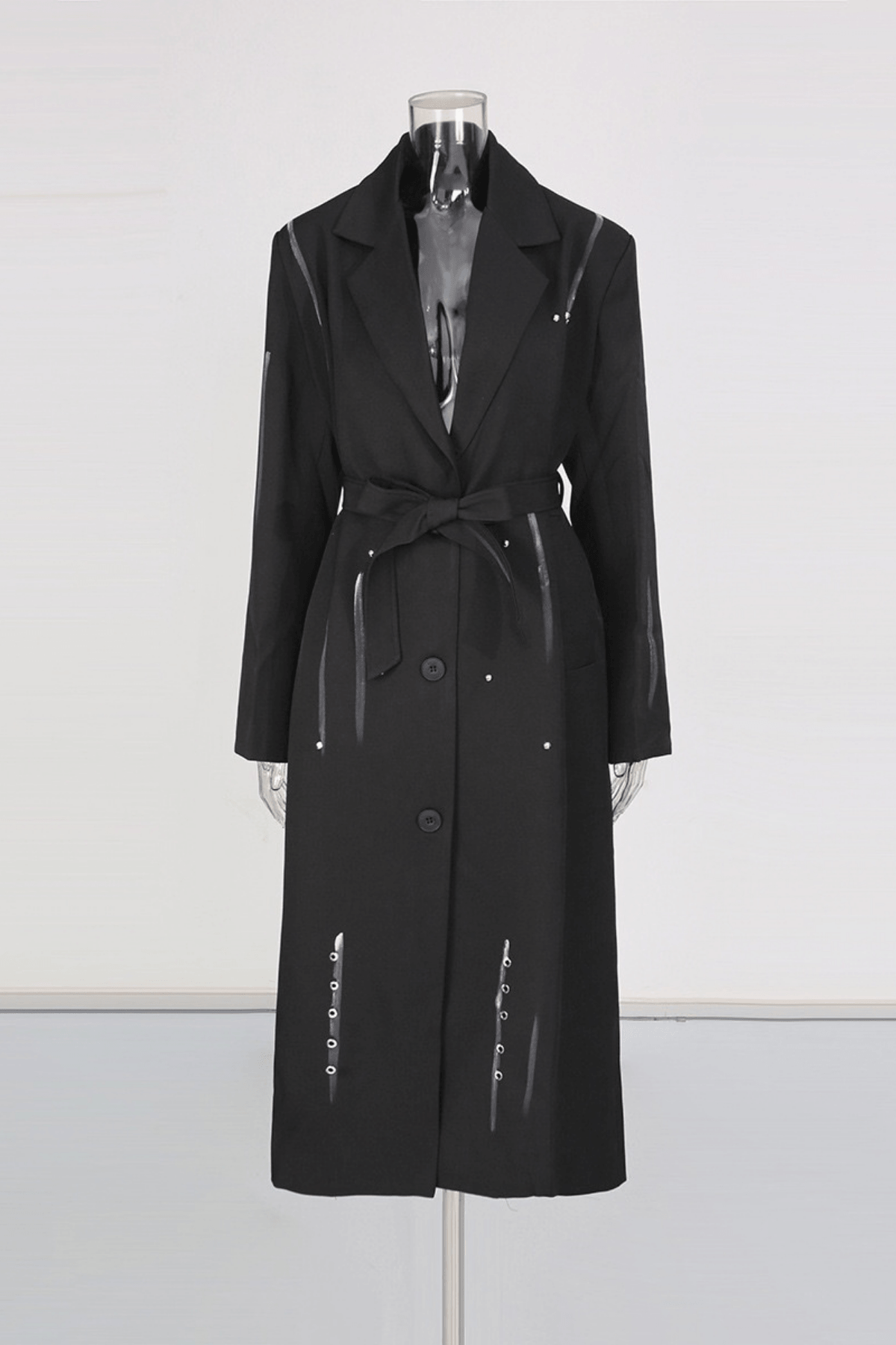 Asya Black Studded Strap Detail Long Coat Avalabel