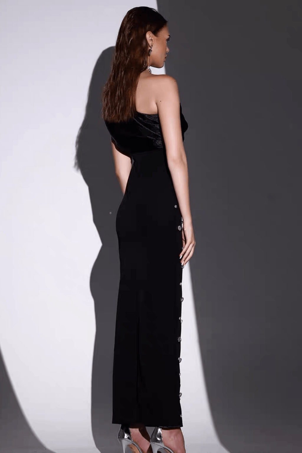 Novia Black One‑Shoulder Satin Rhinestone Dress Avalabel