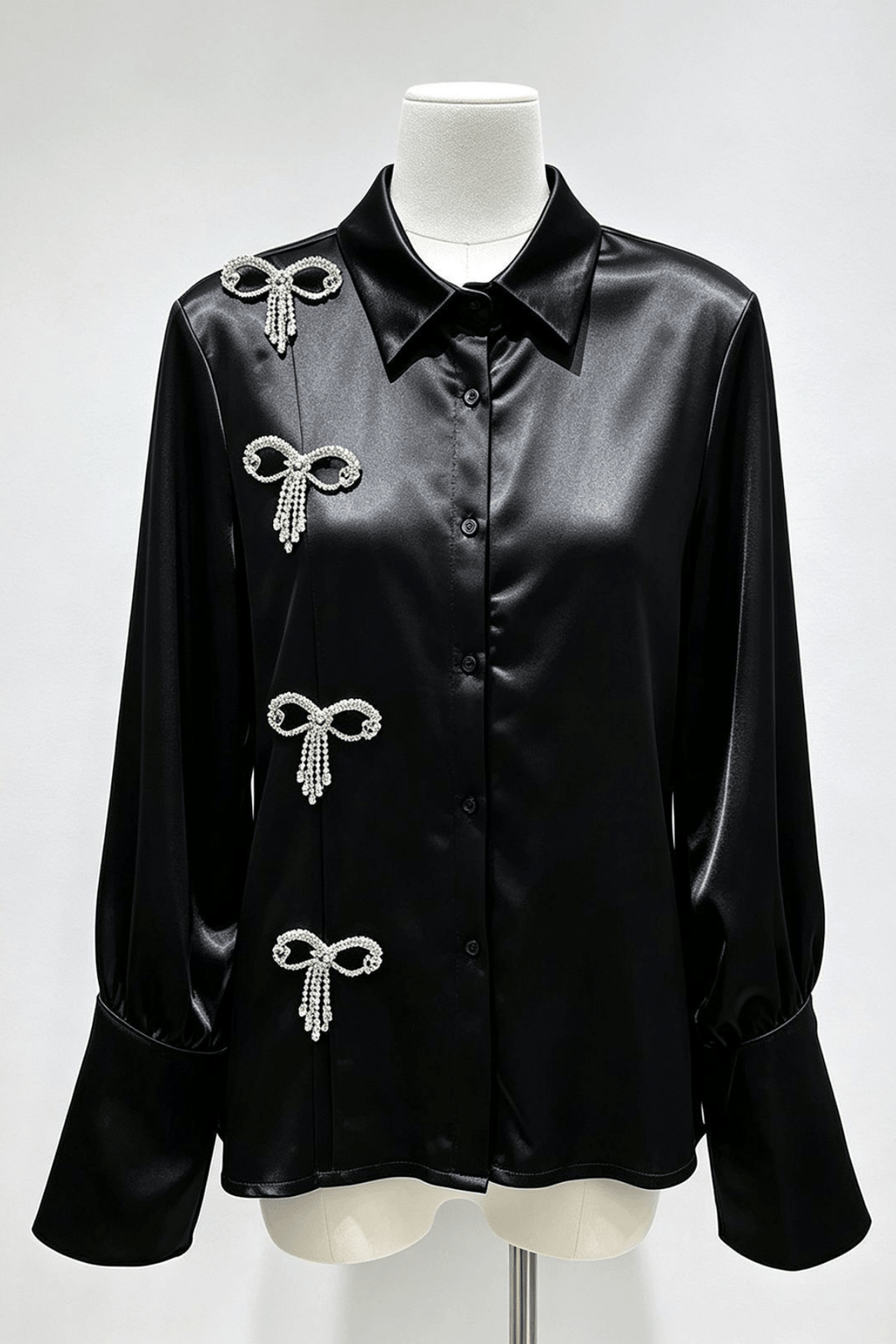 Daphne Rhinestone Bow Satin Long Sleeve Shirt Avalabel