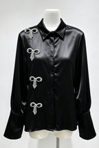 Daphne Rhinestone Bow Satin Long Sleeve Shirt Avalabel