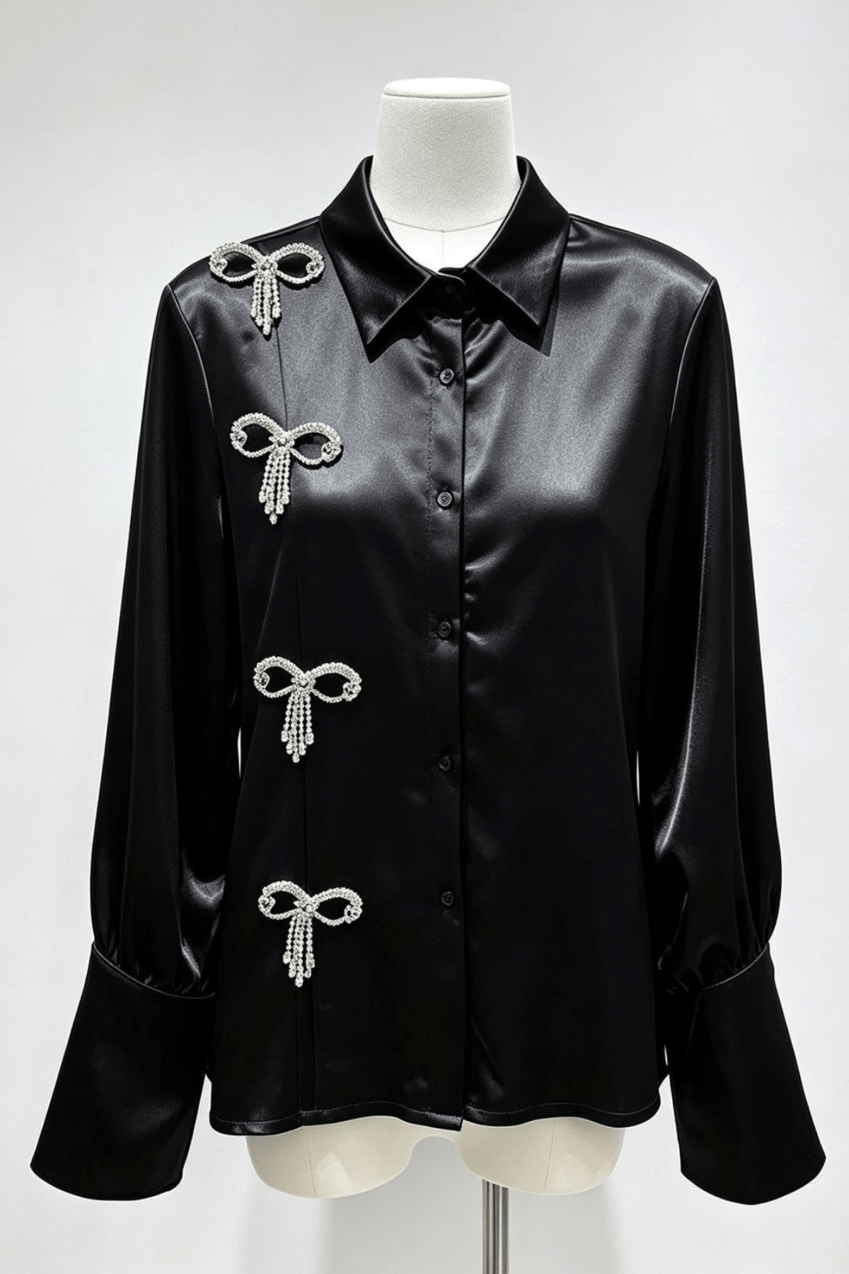 Daphne Rhinestone Bow Satin Long Sleeve Shirt Avalabel