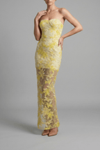 Yellow Strapless Floral Sequin Mesh Dress Avalabel