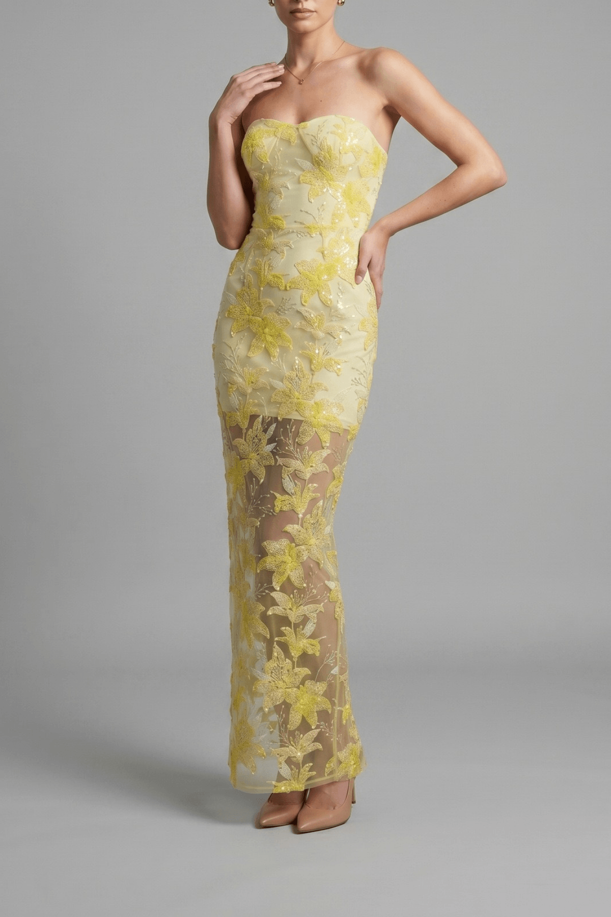 Yellow Strapless Floral Sequin Mesh Dress Avalabel