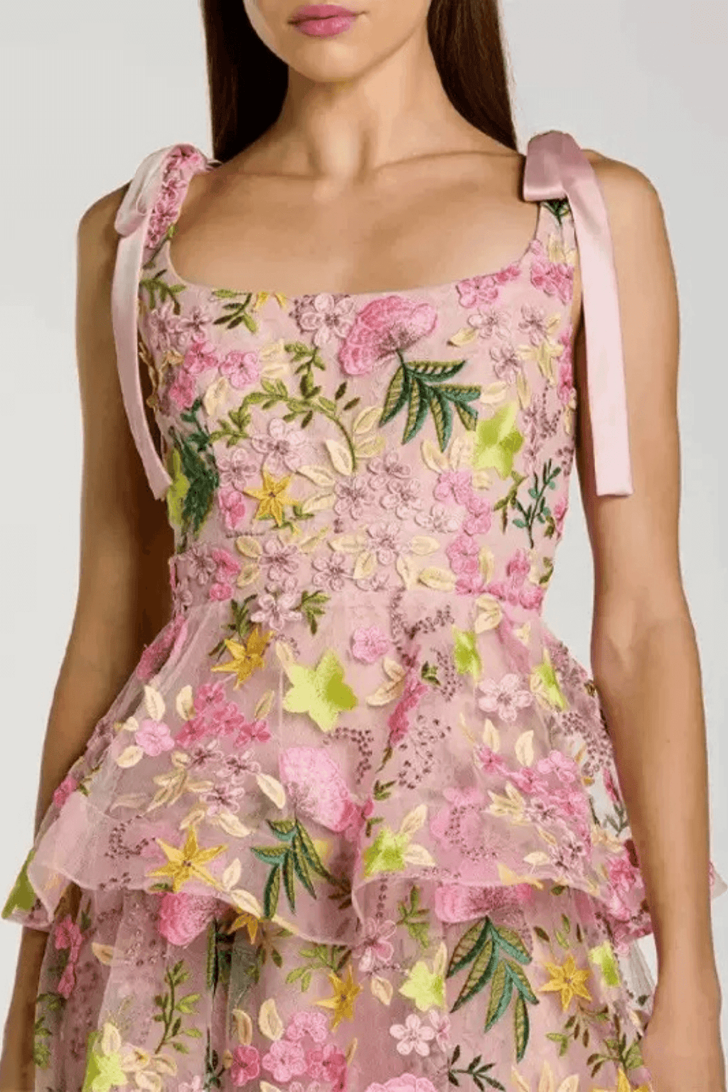Bow Strap Floral Embroidered Tiered Midi Dress Avalabel