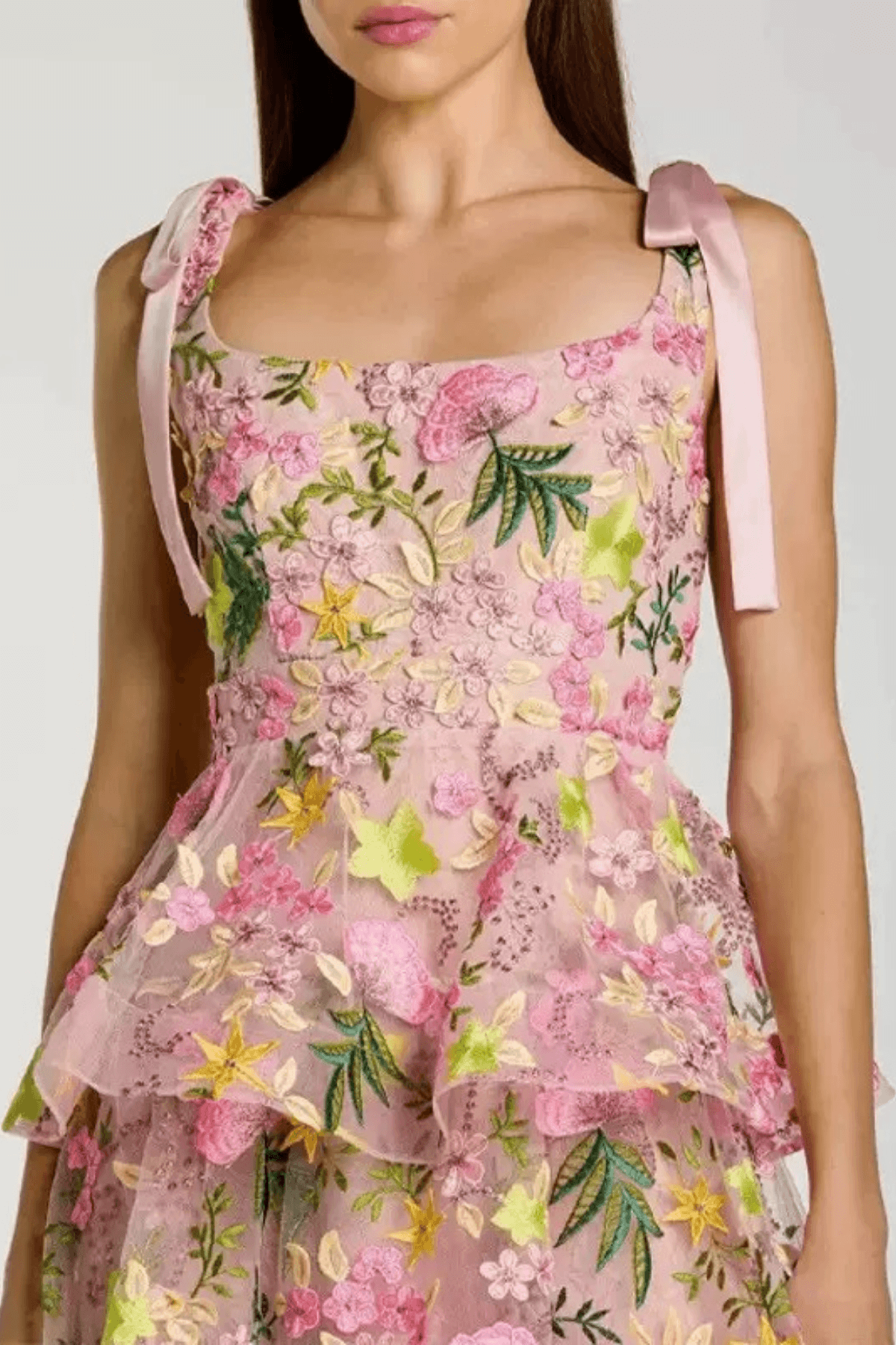Bow Strap Floral Embroidered Tiered Midi Dress Avalabel