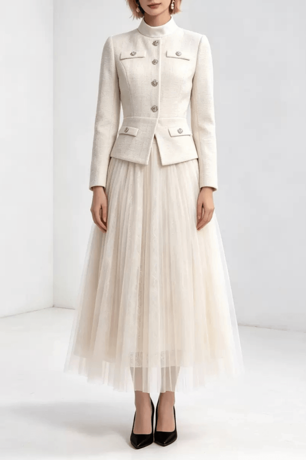 Lydia White Jacket and Tulle Midi Skirt Two Piece Set Avalabel