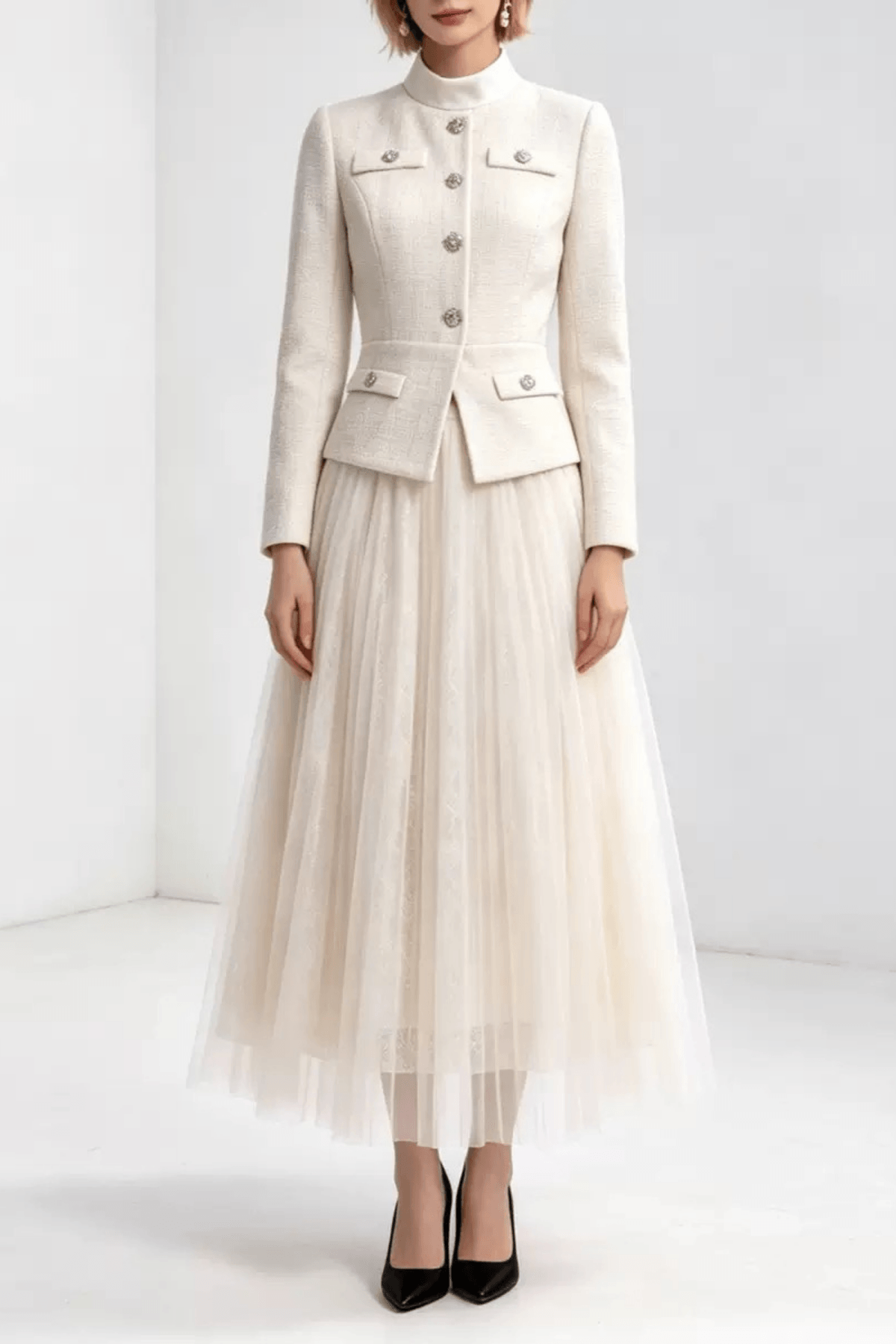 Lydia White Jacket and Tulle Midi Skirt Two Piece Set Avalabel