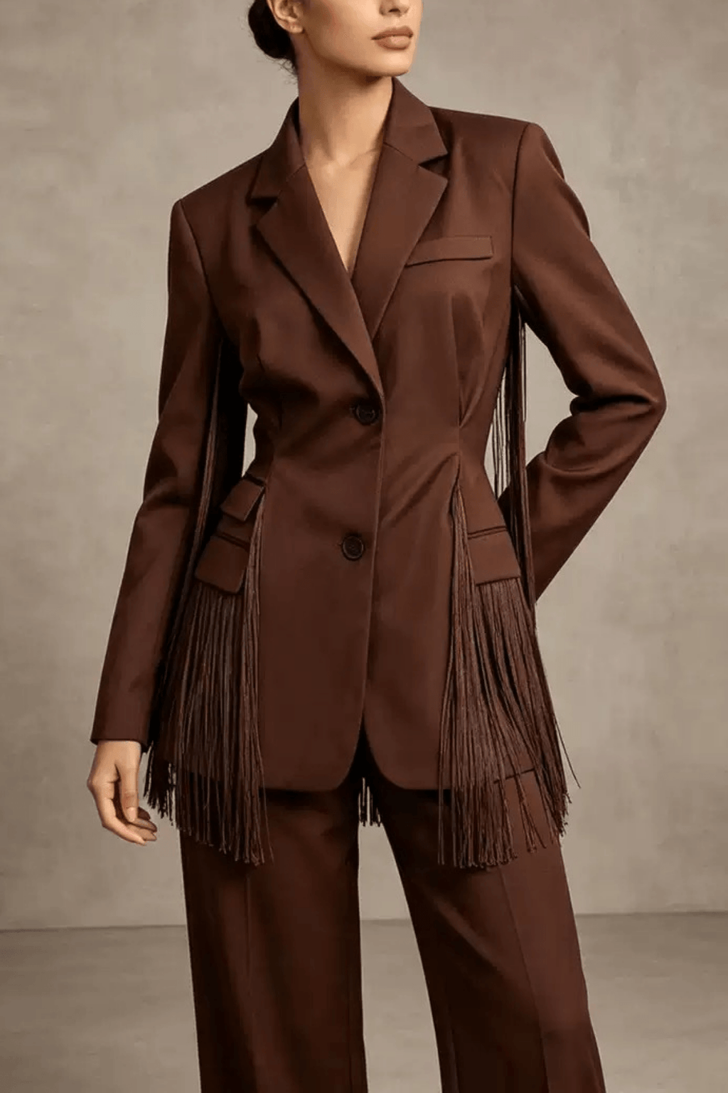 Lesha Brown Fringe Detailed Tailored Blazer Avalabel