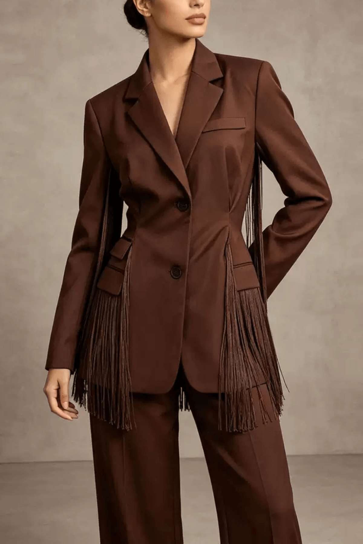Lesha Brown Fringe Detailed Tailored Blazer Avalabel