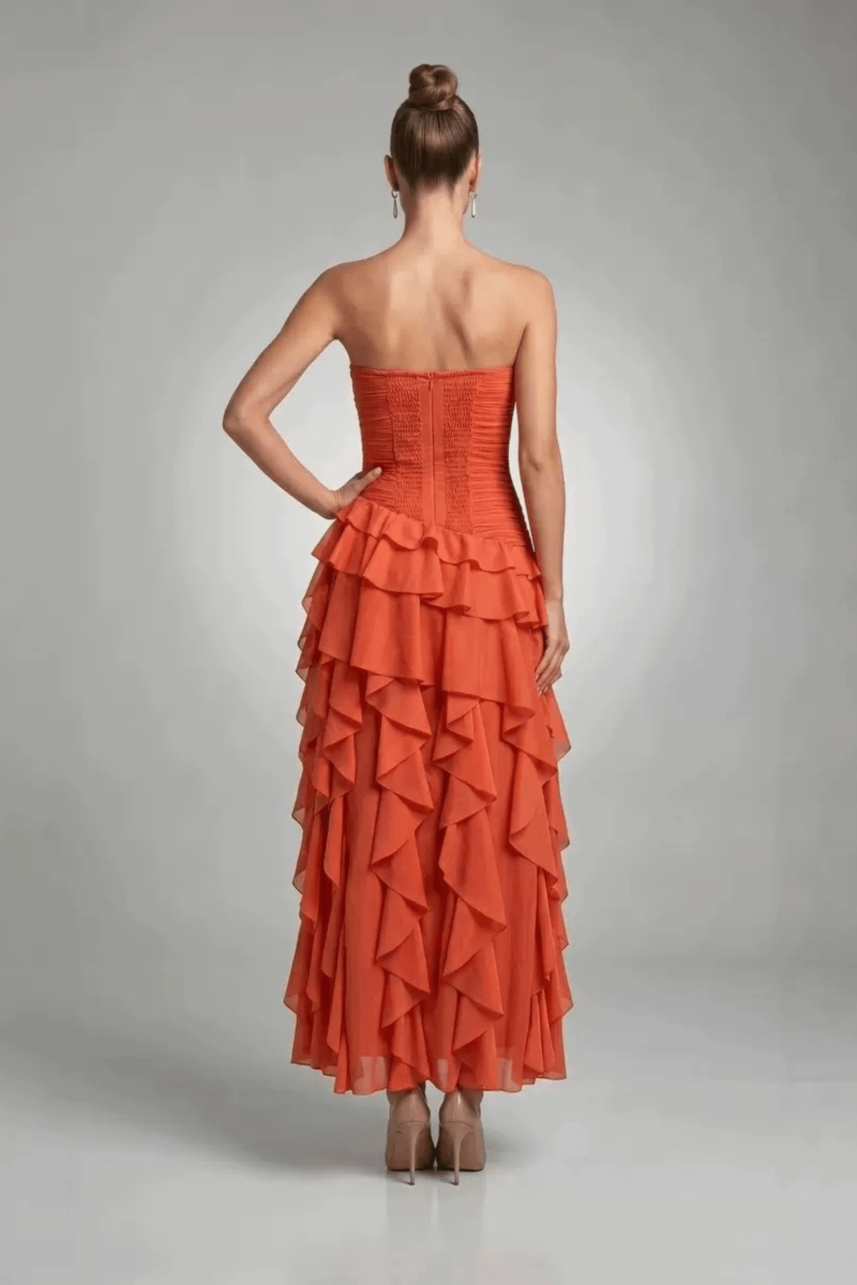 Elaine Strapless Ruched Tiered Ruffle Dress Avalabel