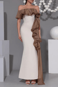 Mona Off‑Shoulder Contrast Ruffle Mermaid Maxi Dress Avalabel