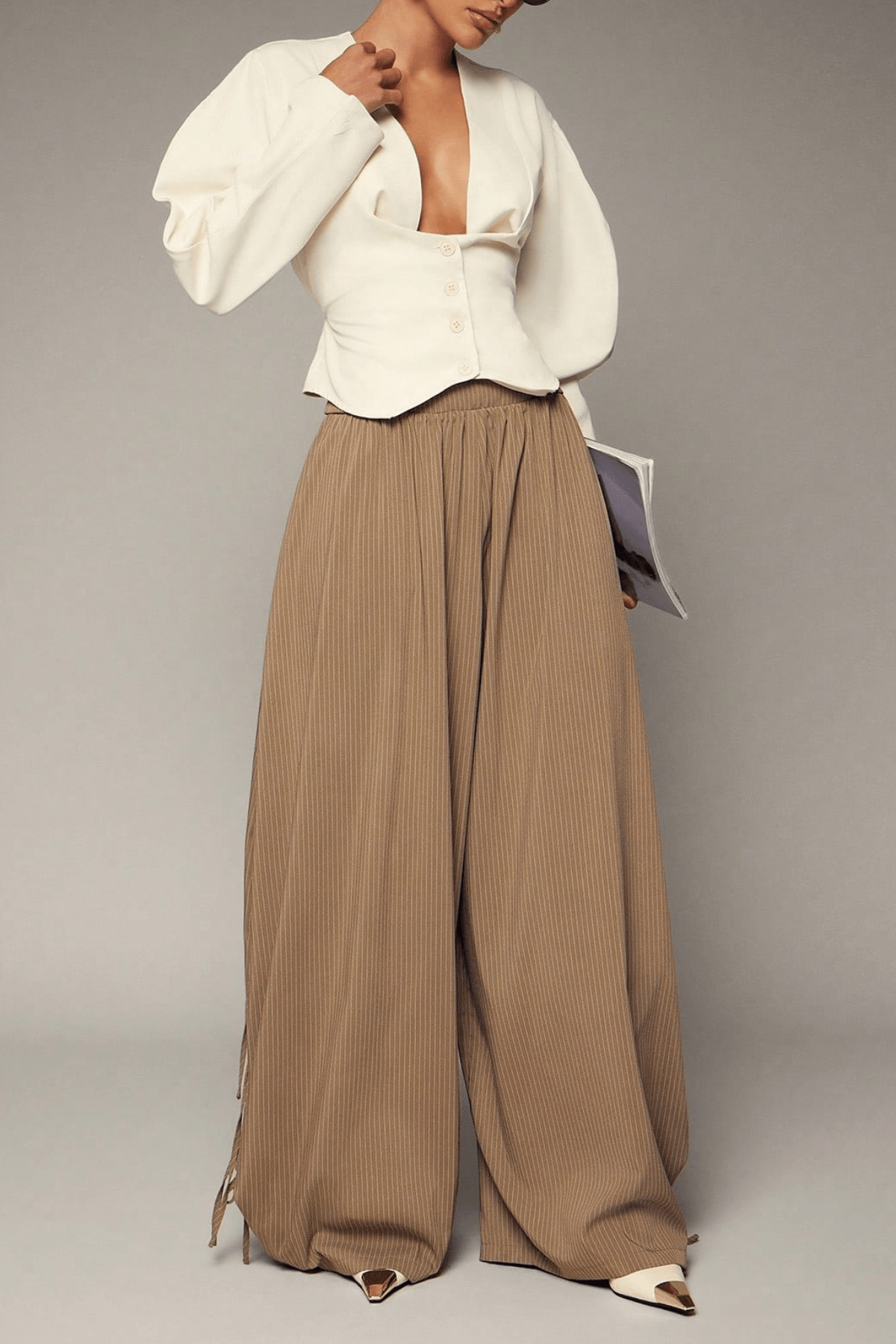 Deep V Neck Puff Sleeve Corset Tailored Blouse Avalabel