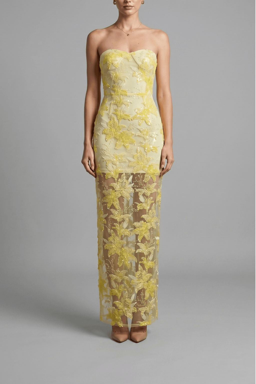 Yellow Strapless Floral Sequin Mesh Dress Avalabel