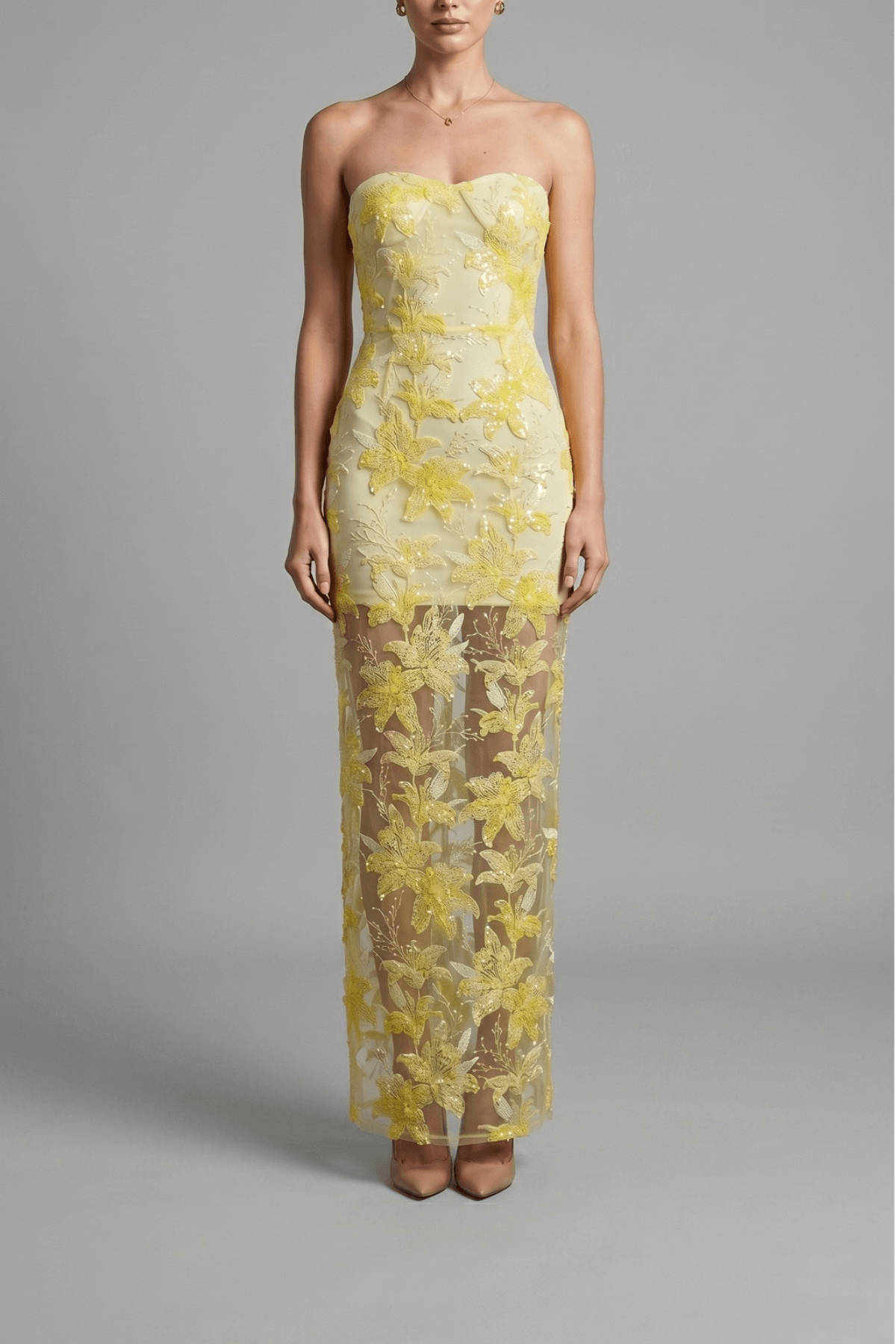 Yellow Strapless Floral Sequin Mesh Dress Avalabel