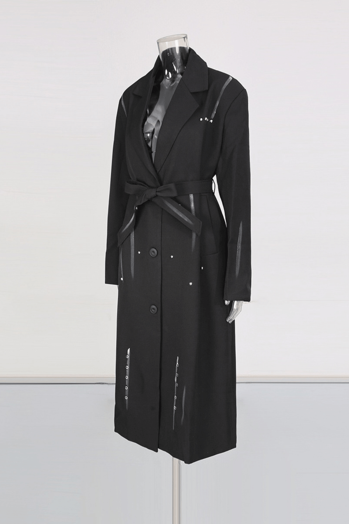 Asya Black Studded Strap Detail Long Coat Avalabel