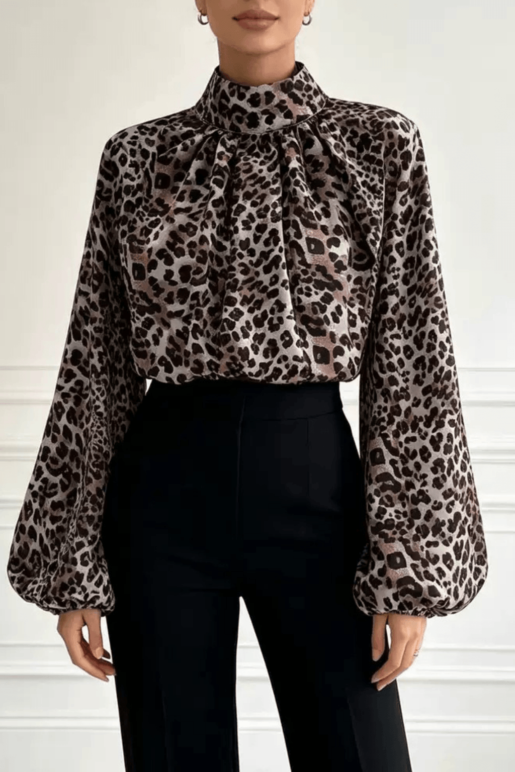 Elena Leopard Print High Neck Lantern Blouse Avalabel