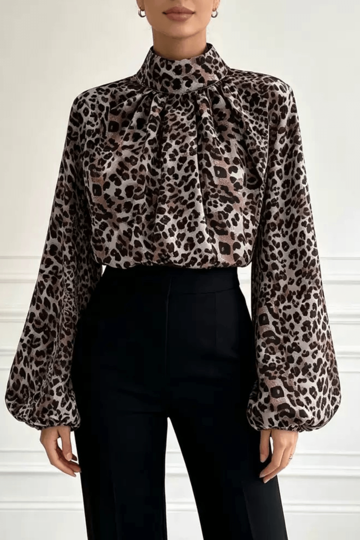 Elena Leopard Print High Neck Lantern Blouse Avalabel