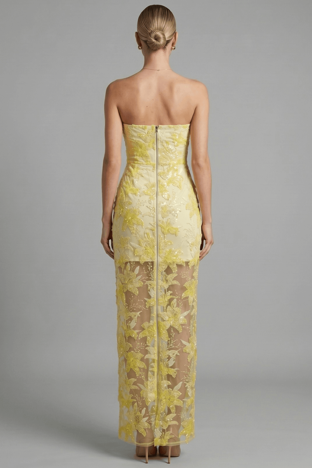 Yellow Strapless Floral Sequin Mesh Dress Avalabel