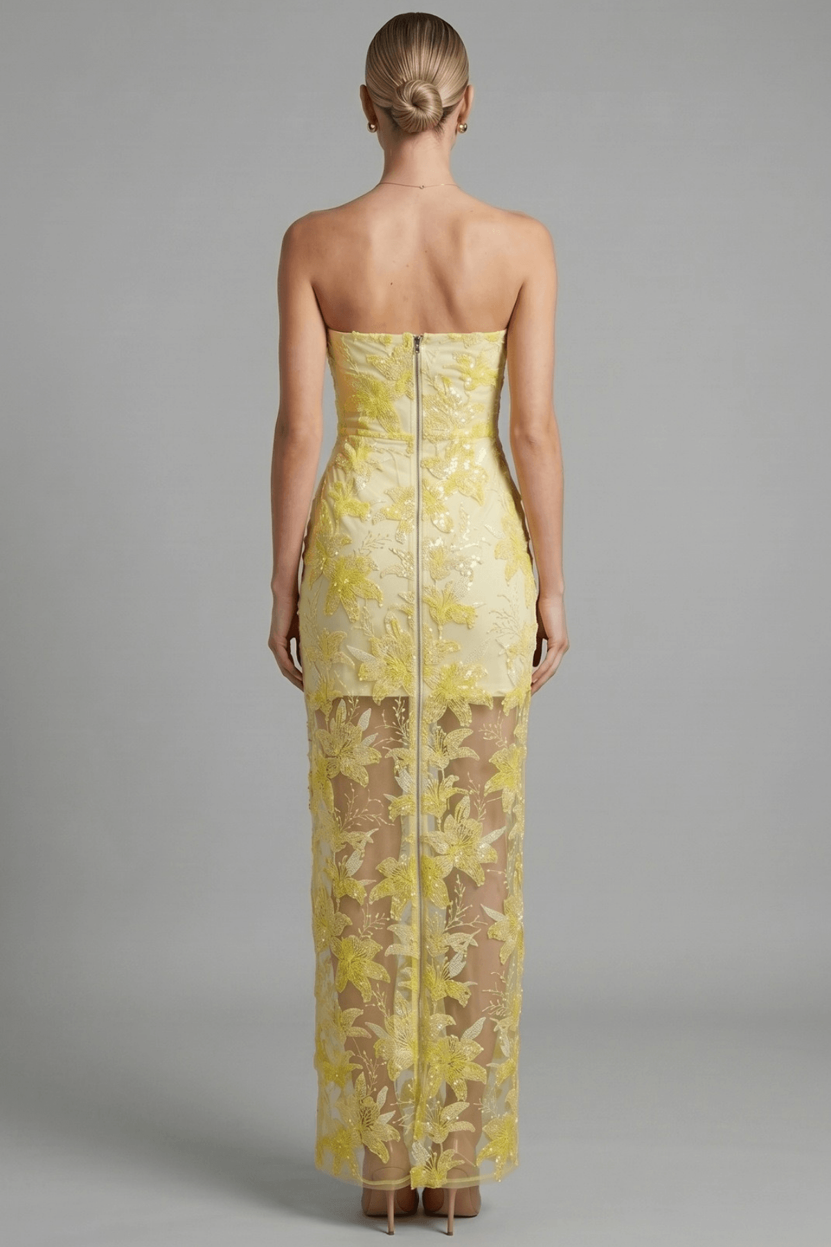 Yellow Strapless Floral Sequin Mesh Dress Avalabel