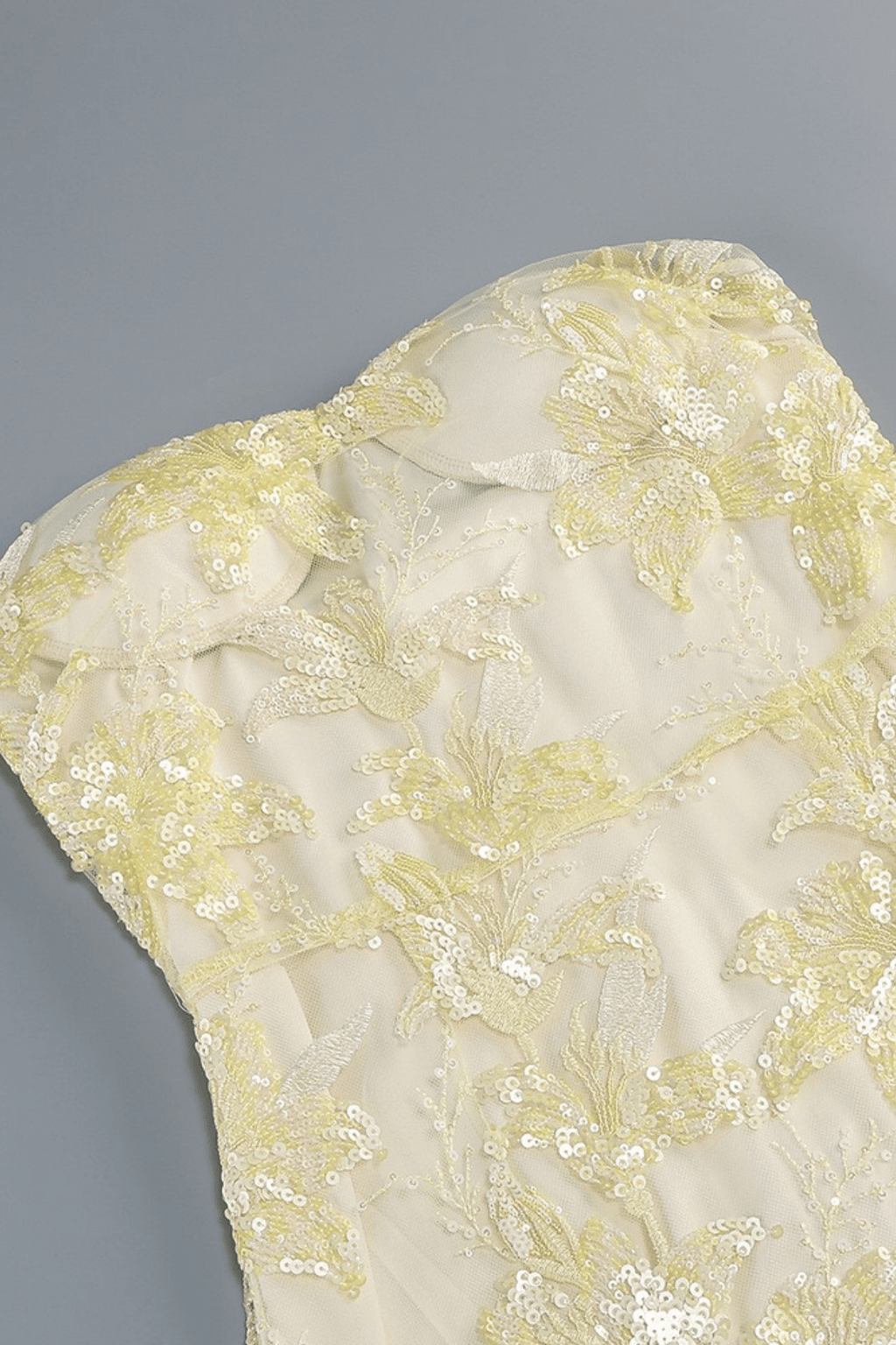 Yellow Strapless Floral Sequin Mesh Dress Avalabel