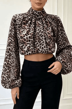 Elena Leopard Print High Neck Lantern Blouse Avalabel