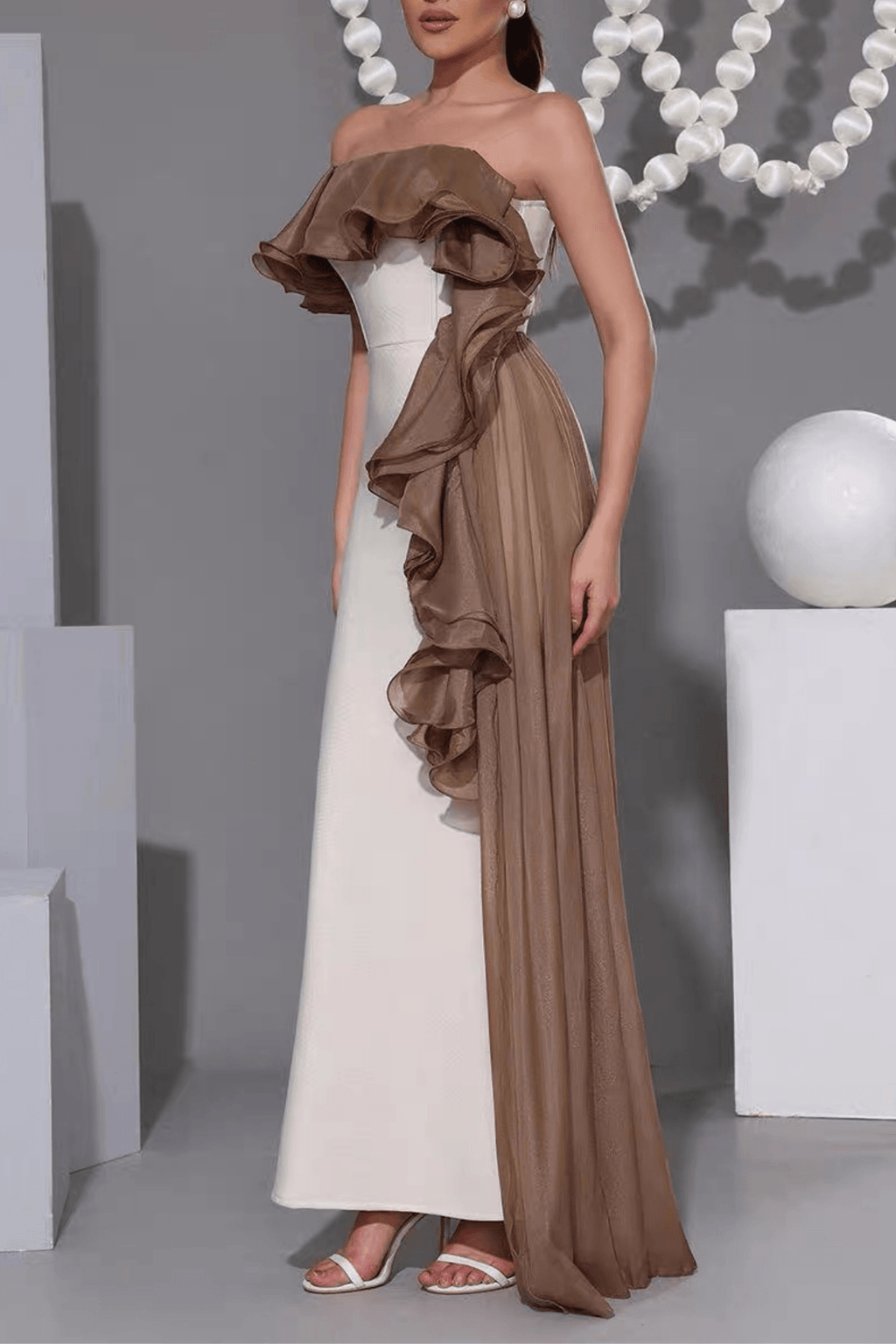 Mona Off‑Shoulder Contrast Ruffle Mermaid Maxi Dress Avalabel
