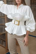 White Stand Collar Ruffled Peplum Blouse Avalabel