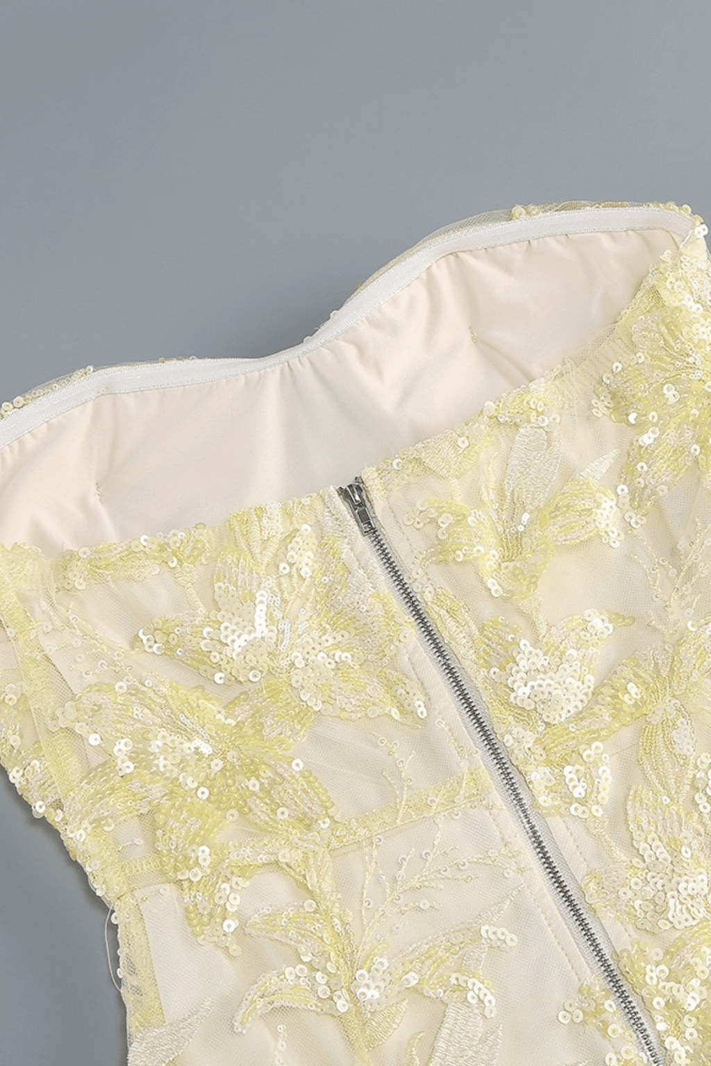 Yellow Strapless Floral Sequin Mesh Dress Avalabel