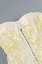 Yellow Strapless Floral Sequin Mesh Dress Avalabel