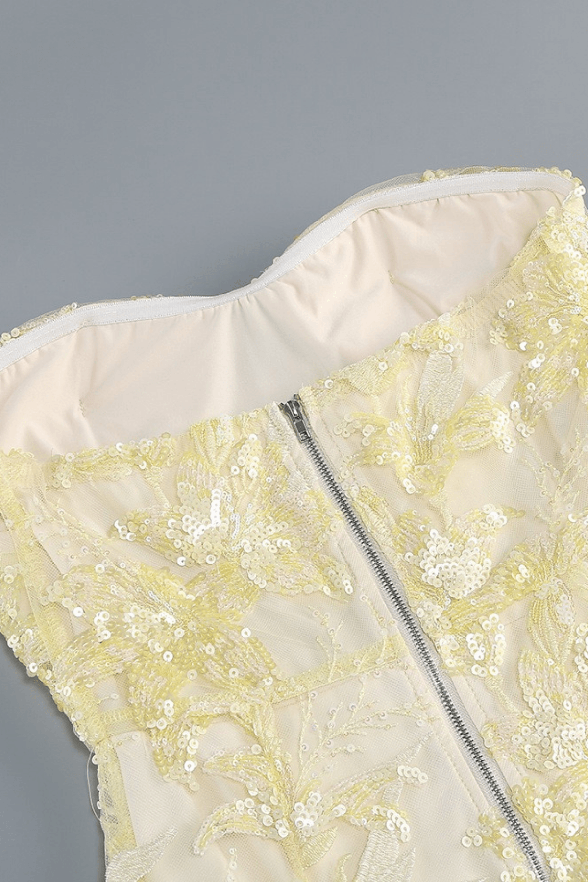 Yellow Strapless Floral Sequin Mesh Dress Avalabel