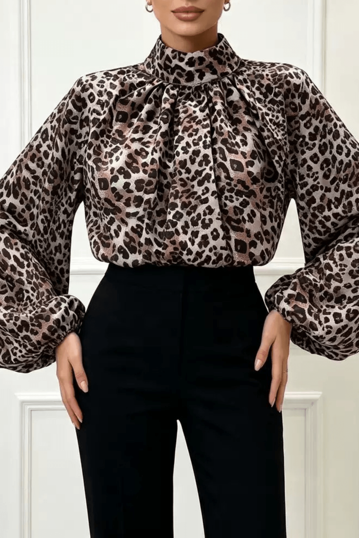 Elena Leopard Print High Neck Lantern Blouse Avalabel