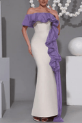 Mona Off‑Shoulder Contrast Ruffle Mermaid Dress in Purple Avalabel