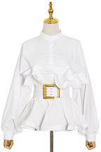 White Stand Collar Ruffled Peplum Blouse Avalabel
