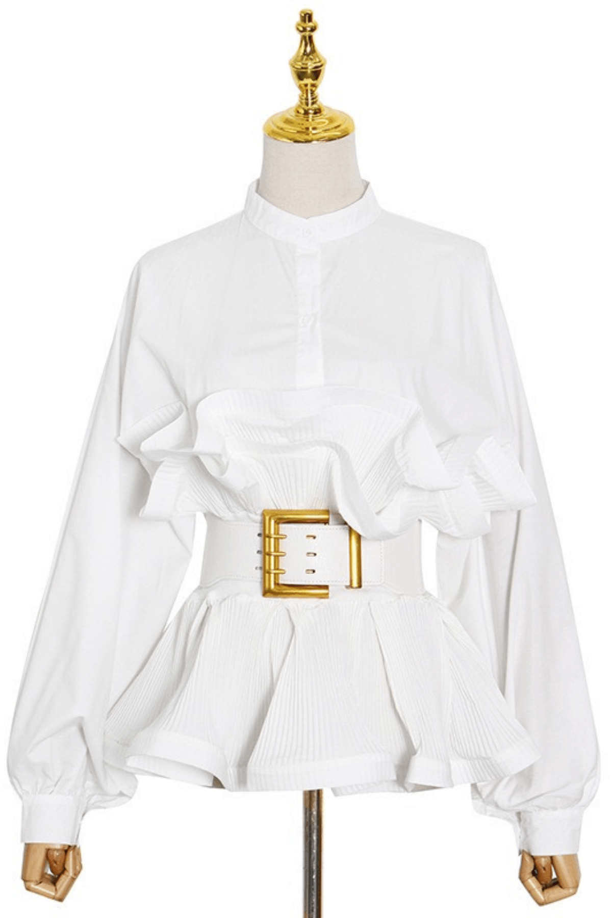 White Stand Collar Ruffled Peplum Blouse Avalabel