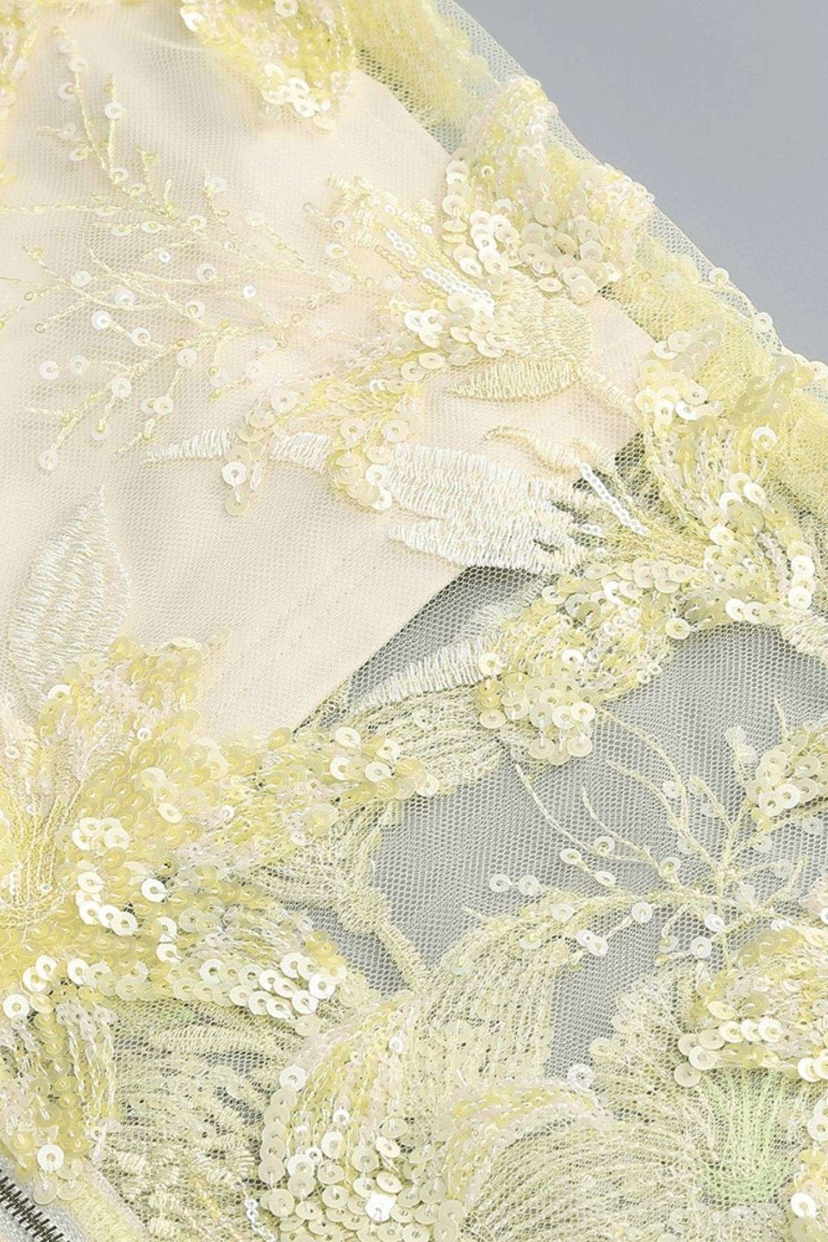 Yellow Strapless Floral Sequin Mesh Dress Avalabel