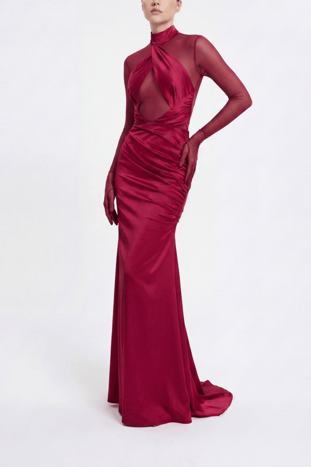Lucia Burgundy Satin Mesh Cutout Ruched Dress Avalabel