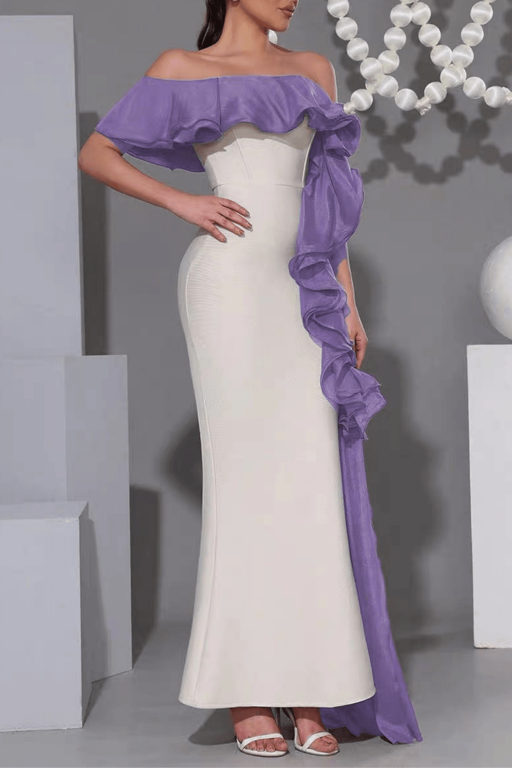 Mona Off‑Shoulder Contrast Ruffle Mermaid Dress in Purple Avalabel