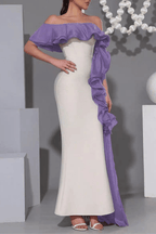 Mona Off‑Shoulder Contrast Ruffle Mermaid Dress in Purple Avalabel