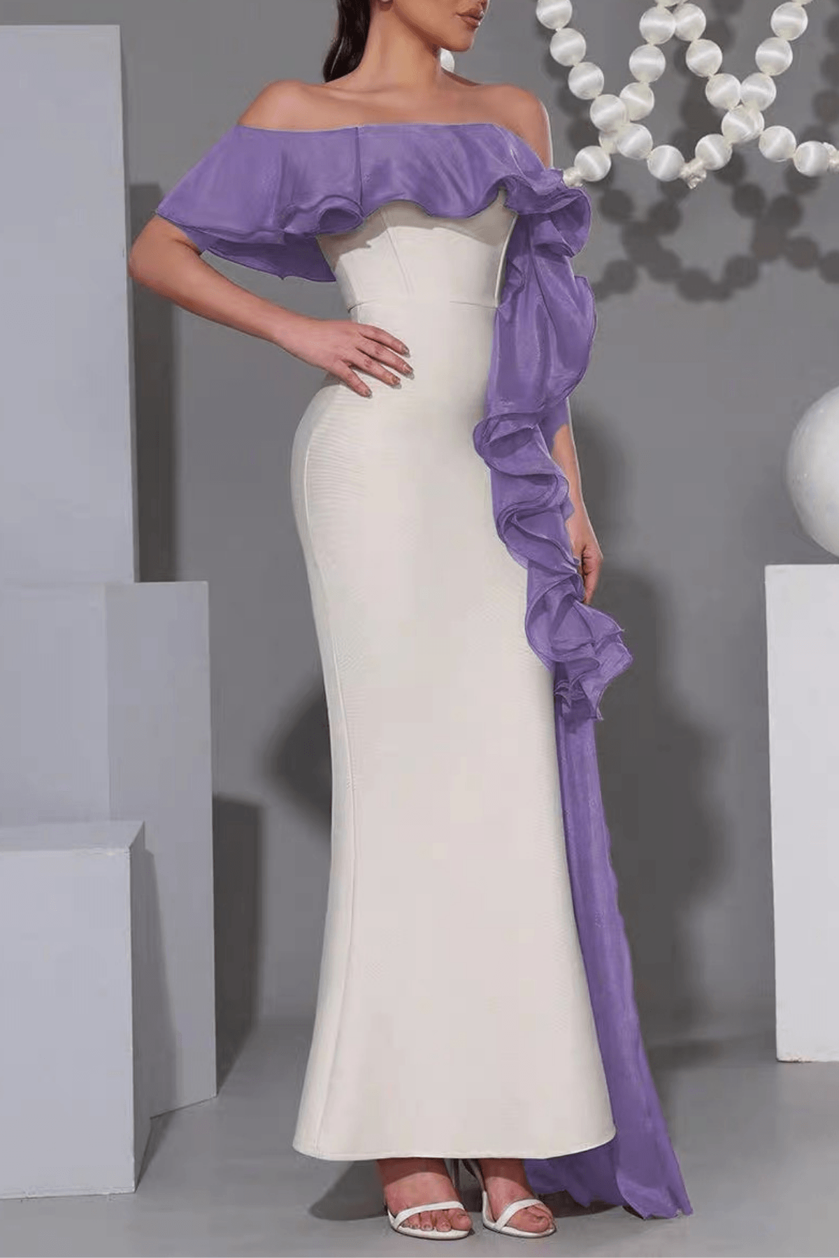 Mona Off‑Shoulder Contrast Ruffle Mermaid Dress in Purple Avalabel