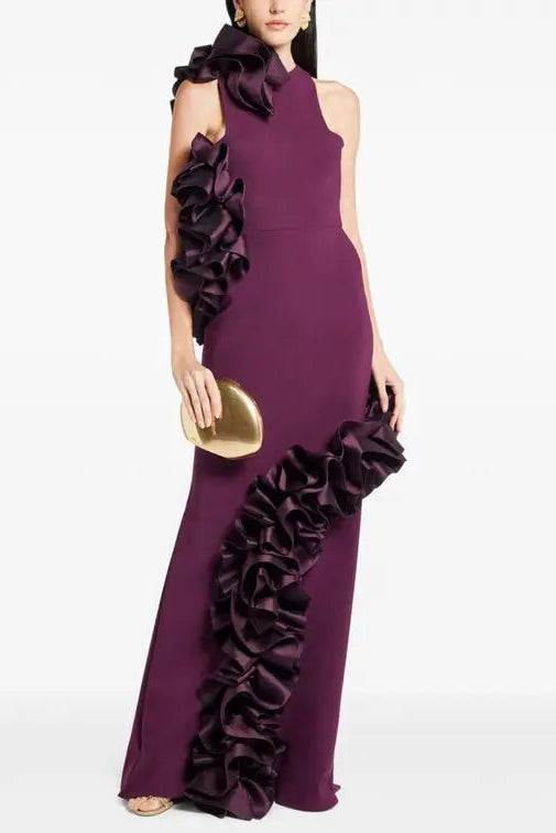 joanna ruffled-appliqué bodycon gown Claret Avalabel