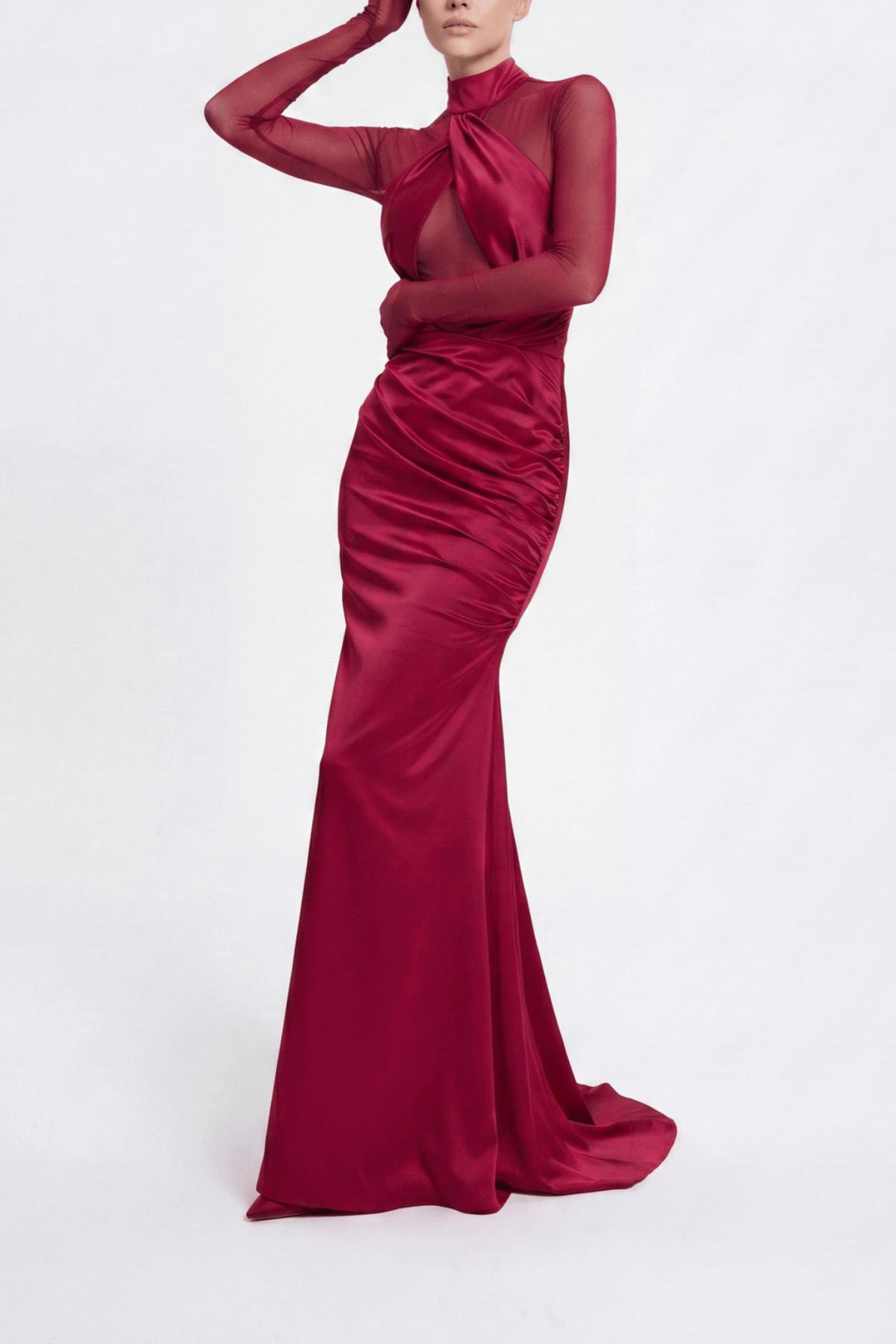 Lucia Burgundy Satin Mesh Cutout Ruched Dress Avalabel