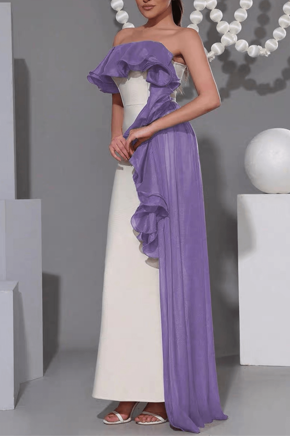 Mona Off‑Shoulder Contrast Ruffle Mermaid Dress in Purple Avalabel