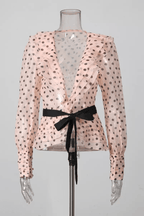 Polka Dot Ruffled V Neck Belted Lantern Sleeve Blouse Avalabel
