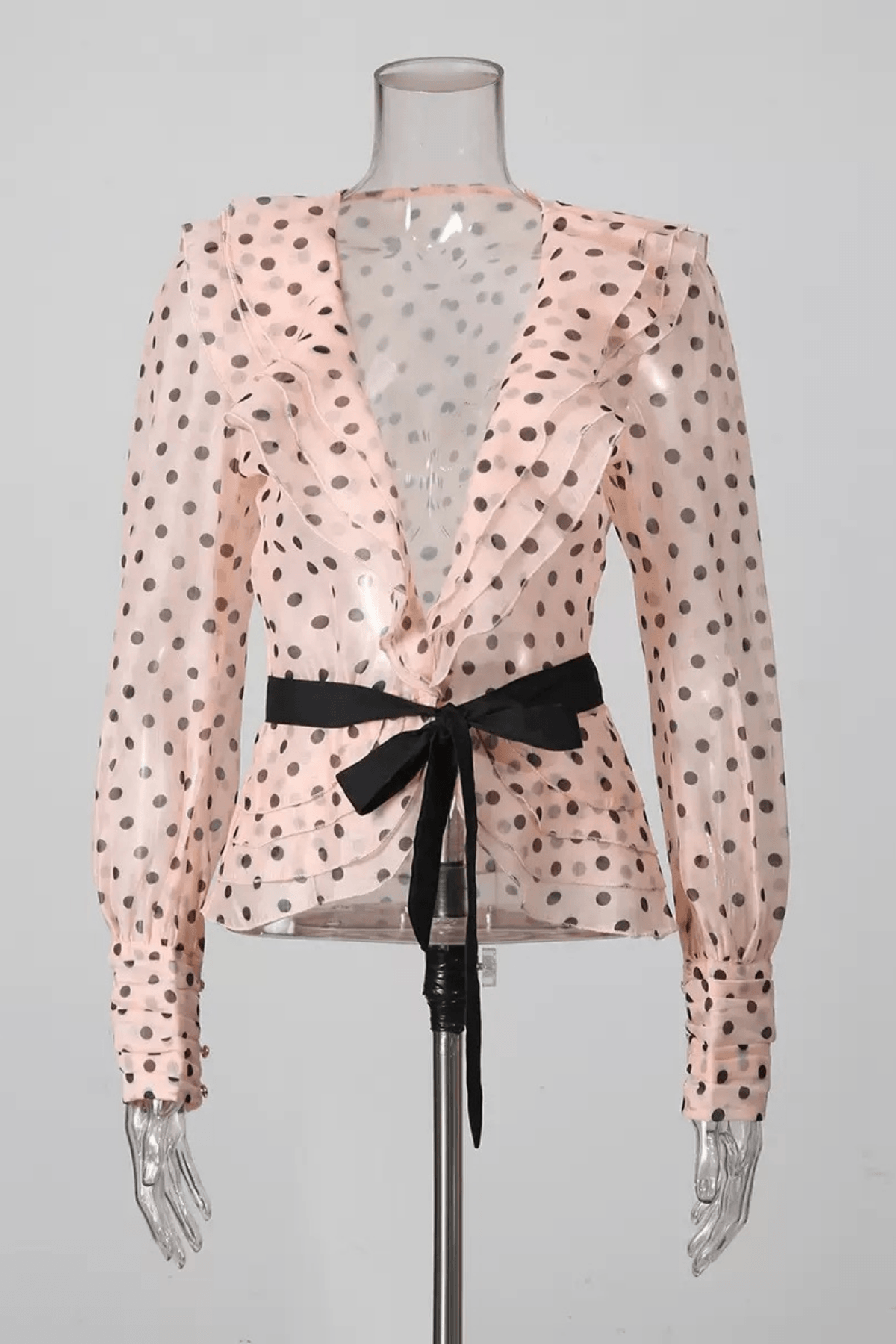 Polka Dot Ruffled V Neck Belted Lantern Sleeve Blouse Avalabel